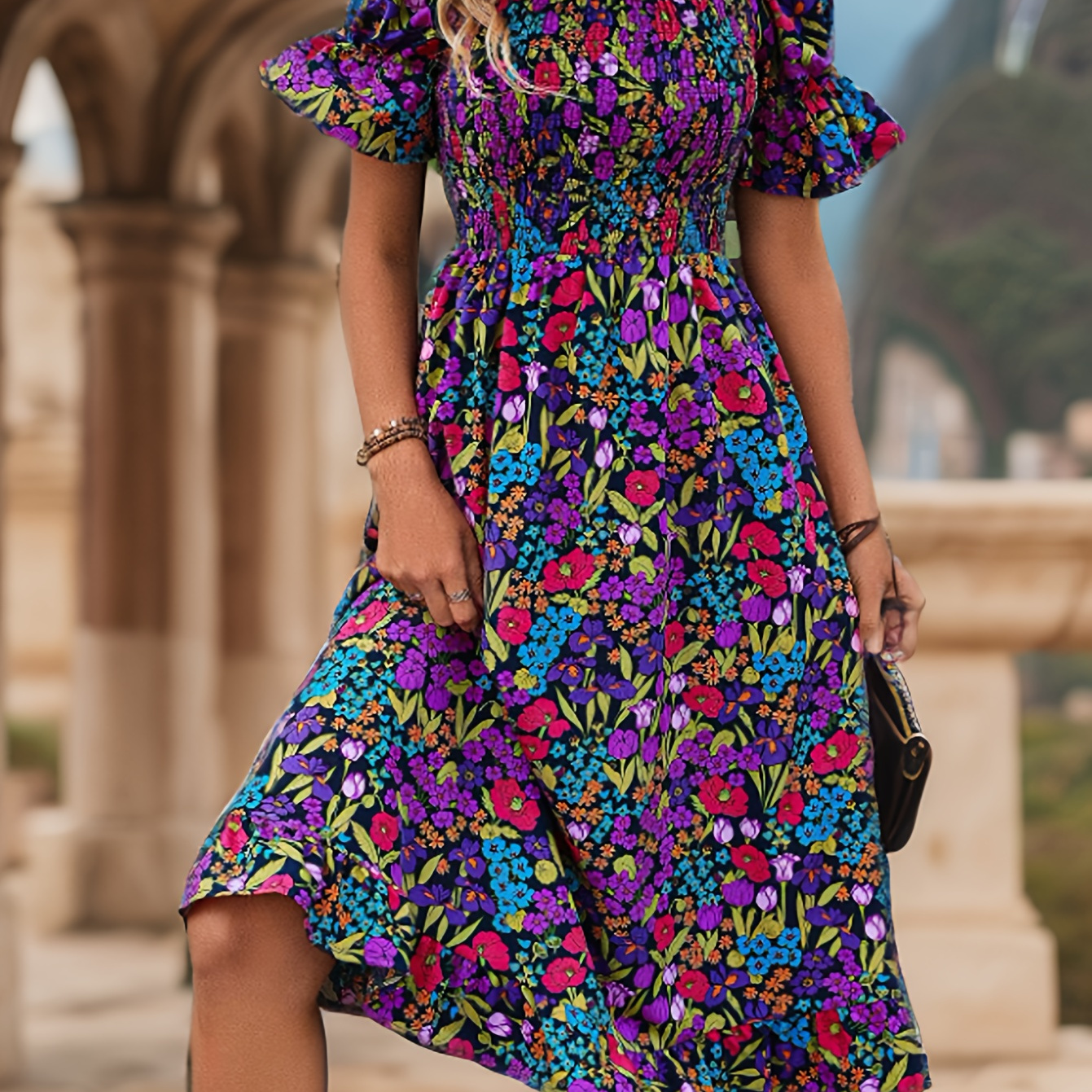 

Chic Floral Print Off-shoulder Dress With Lantern Sleeves - Stretchy Polyester , Machine Washable - Spring/summer