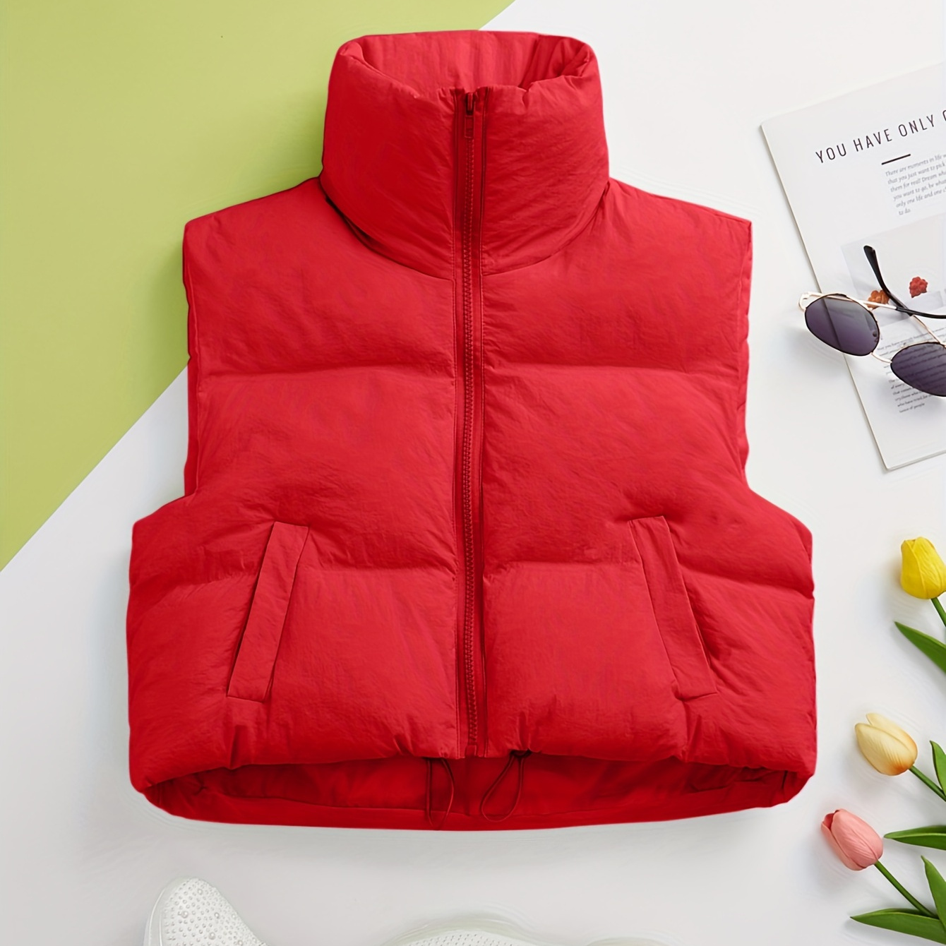 

[1pc Women's Warm Jacket] 1pc Women's Casual High Collar Short Sleeve Jacket, Polyester Fiber, Solid Color, Warm Vest, Autumn/winter Coat, H-line, Non-stretch Fabric, 65g/m² , 70g/m² Weight