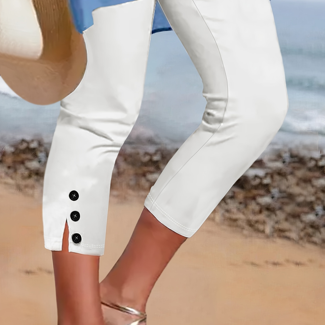 

Side Button Split Capri Leggings, Casual Elastic High Waist Stretchy Leggings For Spring & Summer, Women's Clothing