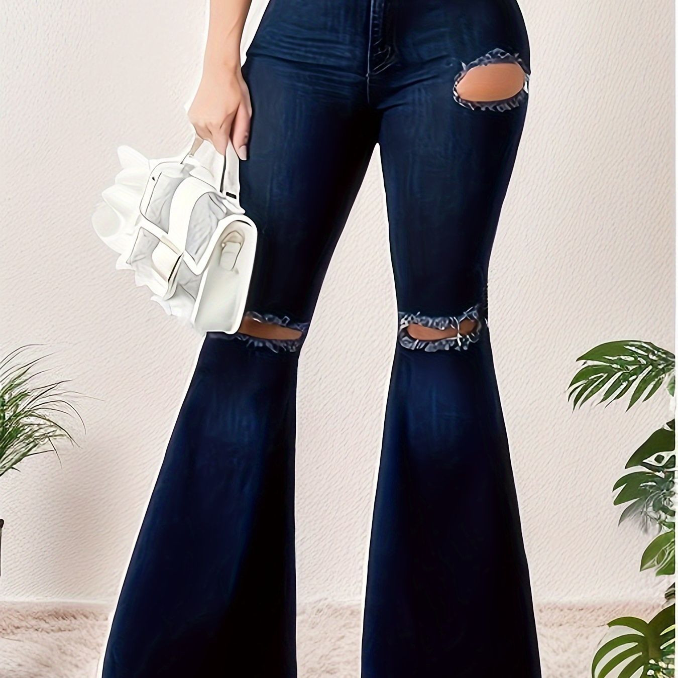 

Women's Sexy High Waist Stretchy Ripped Raw Hem Flare Leg Jeans, Fashion Bell Bottom Denim Pants, Stylish Ladies Casual Distressed Long Trousers