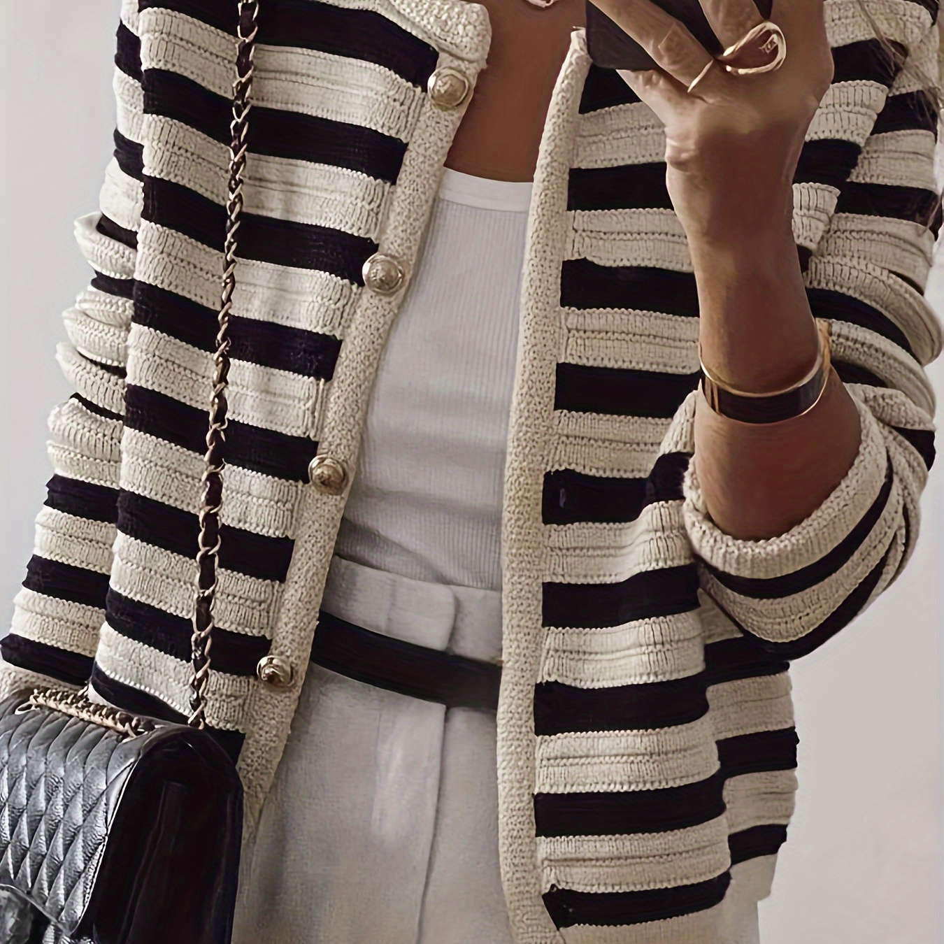 

Color Block Striped Pattern Cardigan, Casual Button Front Crew Neck Long Sleeve Cardigan, Women's Clothing
