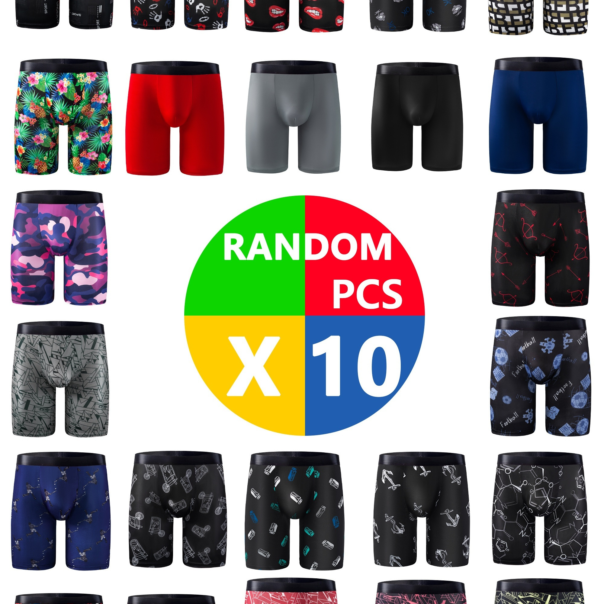 10pcs Random Set Men's Plus Size Long Boxers Briefs Shorts, Breathable Comfy Stretchy Quick Drying Sports Boxers Trunks, Men's Novelty Graphic Underwear