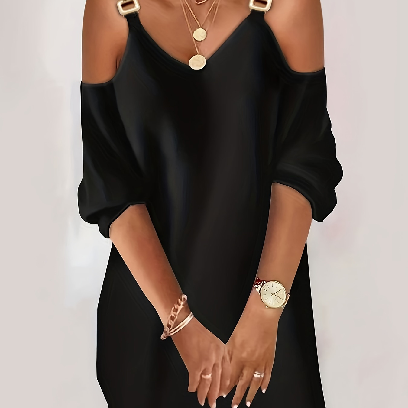 

Chain 3/4 Sleeve Dress, Casual Cold Shoulder V Neck Solid Dress, Women's Clothing