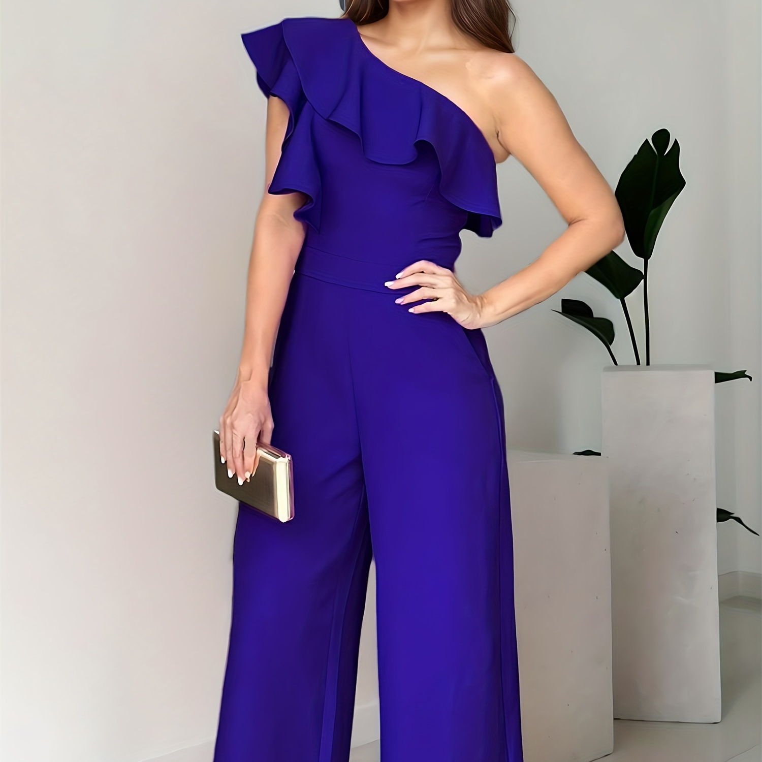 

Chic One-shoulder Ruffle Jumpsuit For Women - High Waist, Loose Fit, Solid Color, Spring/summer/fall