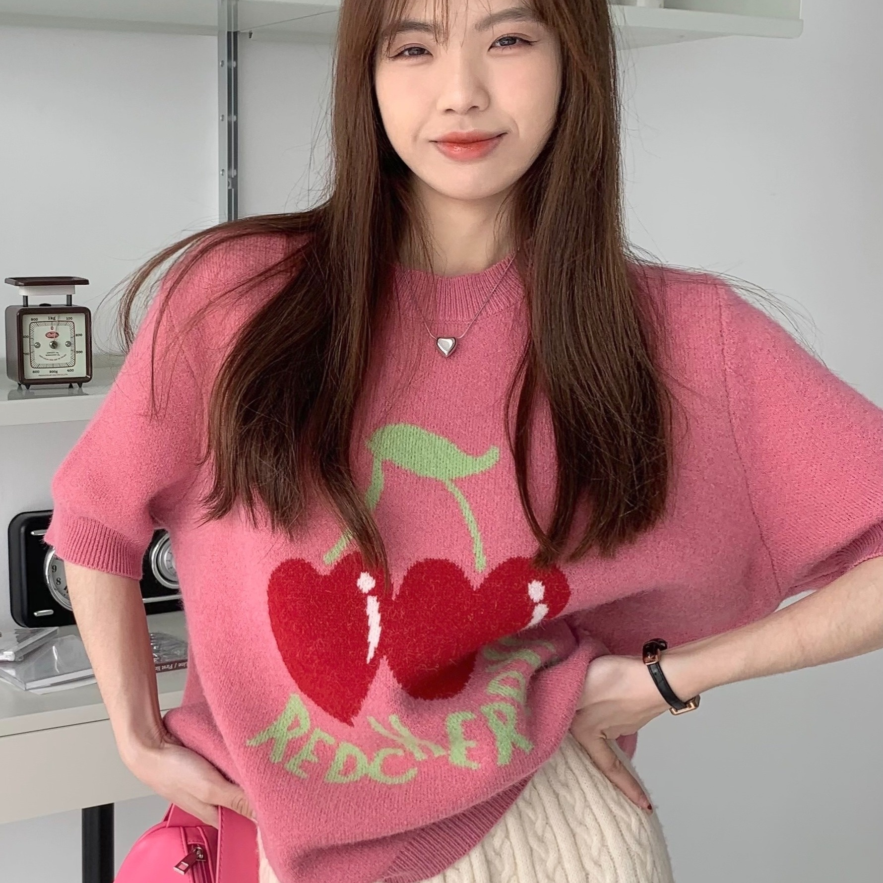 

Cherry Print Crew Neck Sweater, Loose Casual Half Sleeve Sweater, Women's Clothing