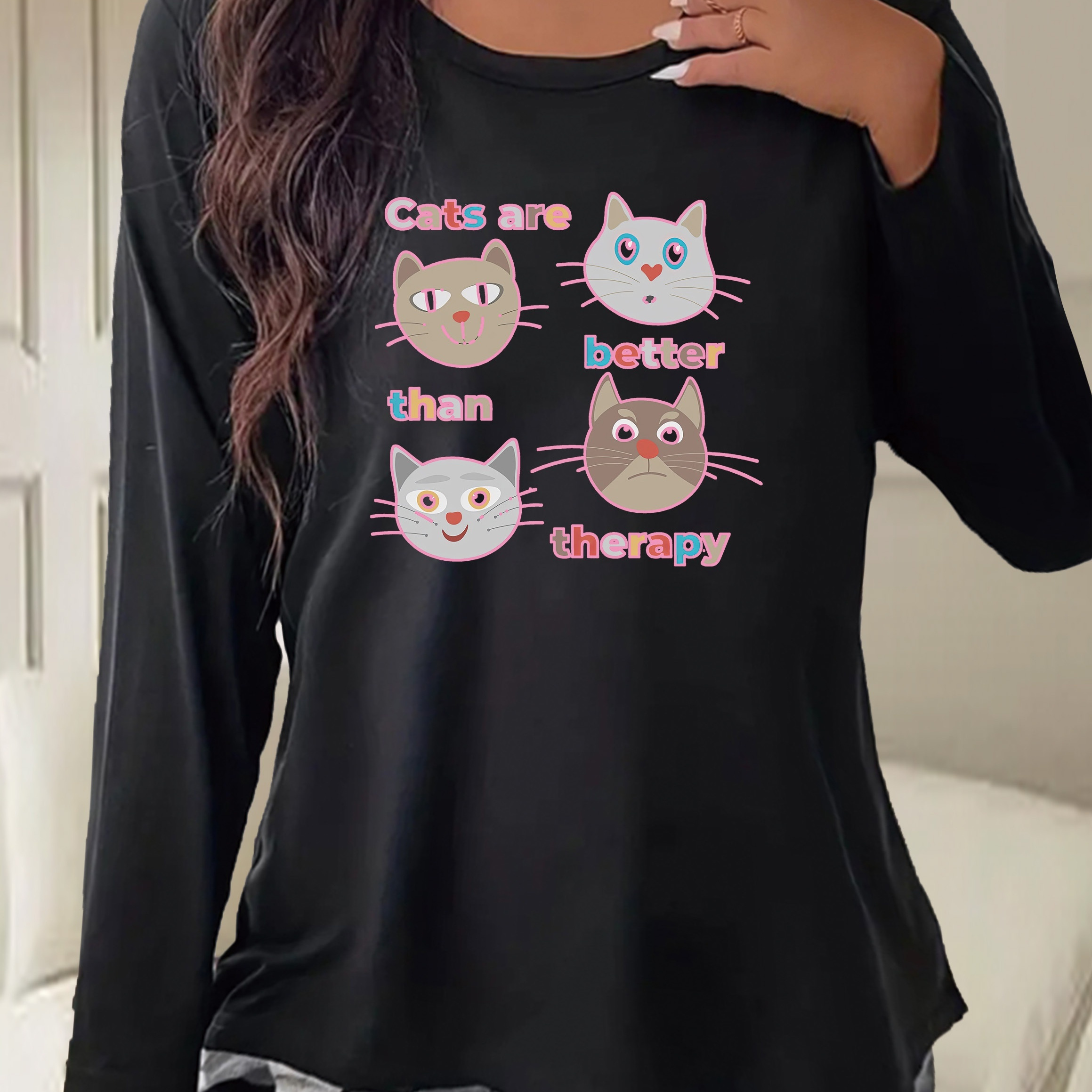 

4 Cute Cat Print Lounge Top Home T-shirt, Casual Long Sleeve Crew Neck Top, Women's Loungewear & Sleepwear