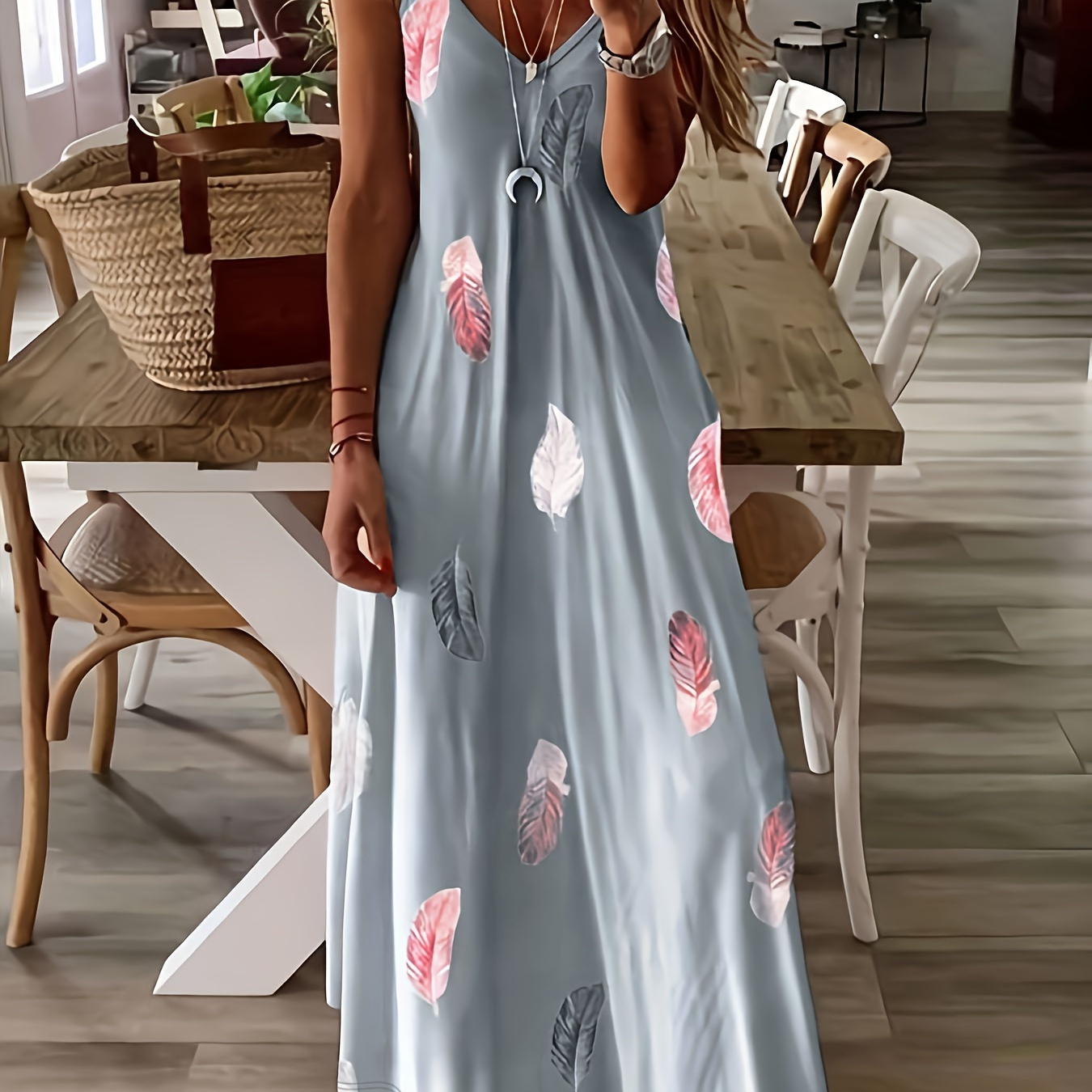 

Feather Print Spaghetti Strap Dress, Elegant V Neck Sleeveless Cami Dress For Spring & Summer, Women's Clothing