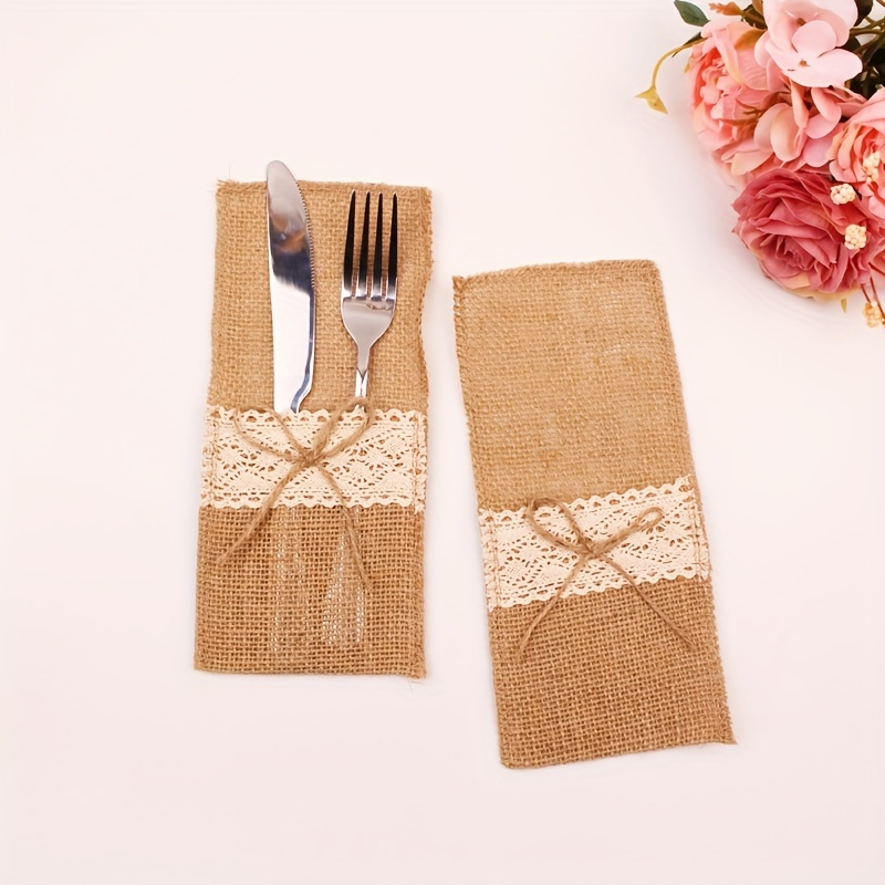 

10 Pcs Elegant Burlap Cutlery Holders For Home, Weddings, And Festivals - Diy Jute Table Decor With Lace Bow And Knife And Fork Bags - 11cm X 22cm