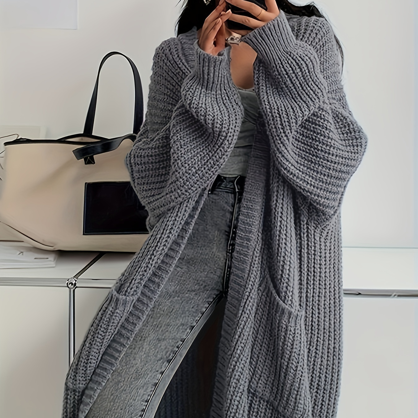 

Solid Color Open Front Knitted Cardigan, Casual Long Sleeve Length Cardigan For Spring & Fall, Women's Clothing