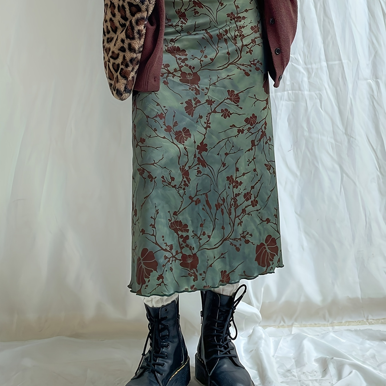 

Jupe A-Line pour femme, polyester, imprimé floral vintage, taille basse, motif géométrique, tissu tricoté, mode décontractée, toutes saisons, couleur contrastée, mi-longueur, pour tenue