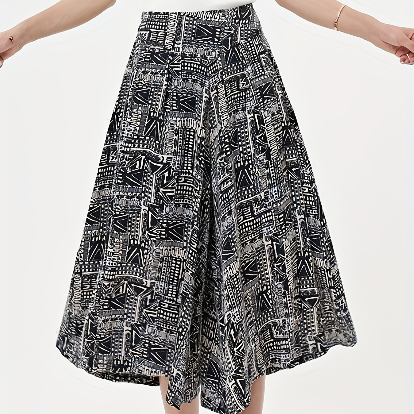

Geometric Print Culottes, Boho High Waist Wide Leg Cropped Pants, Women's Clothing