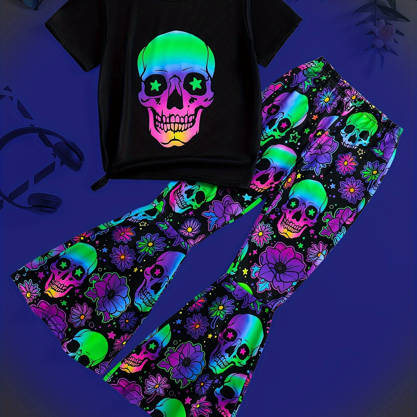 

Girls Luminous 2pcs Short Sleeve Top + Flare Leg Pants Halloween Casual Set Summer Gift