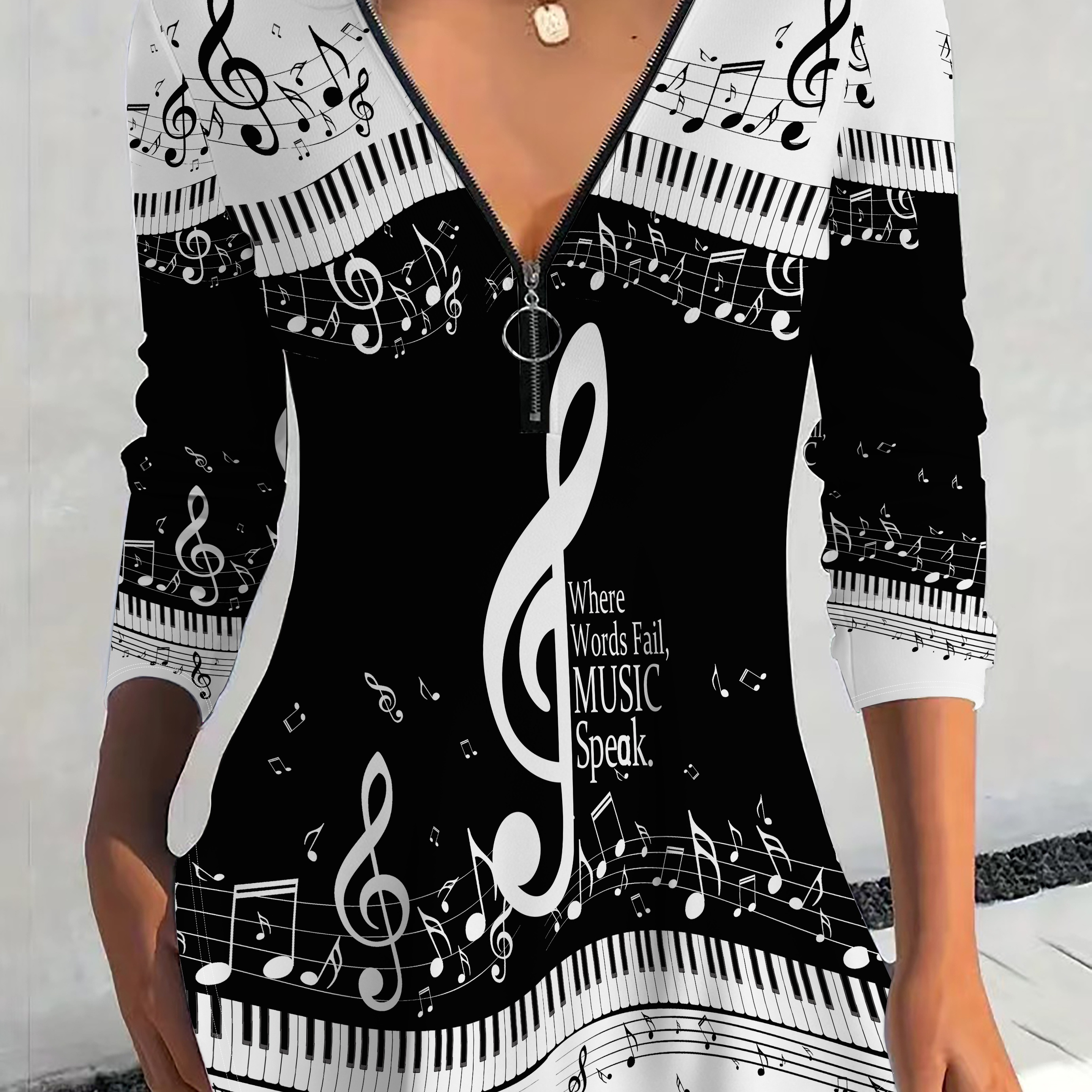 

Musical Note Print V Neck T-shirt, Elegant Zipper Up Long Sleeve T-shirt For Spring & Fall, Women's Clothing