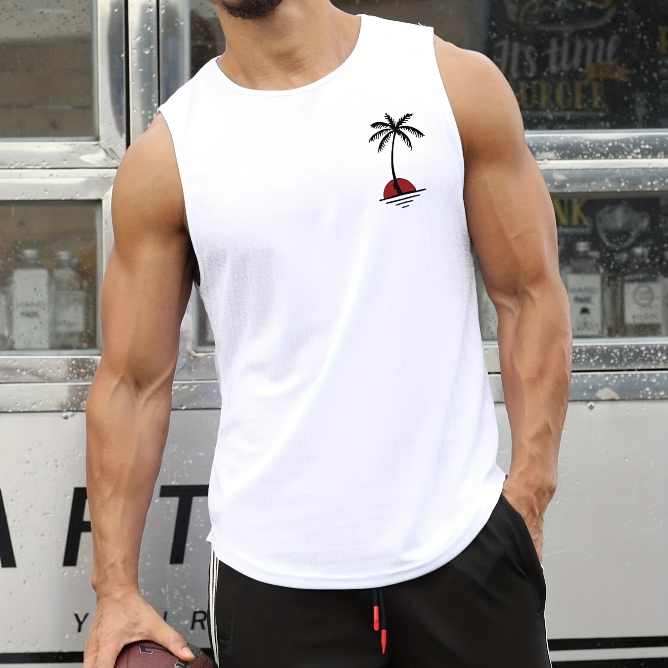 

Coconut Tree Pattern Tank Top Men's Casual Bottoming Fitness Training Sports White Vest For Summer