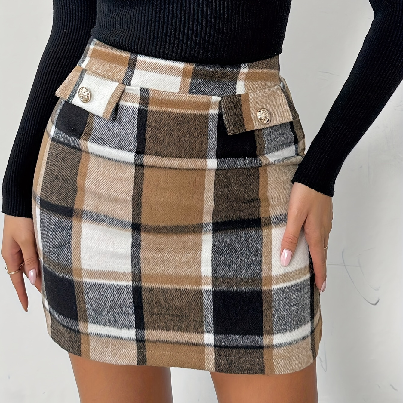 

Women's Elegant Polyester Pencil Skirt With Button Detail - Fall/winter Collection Woven Fabric, 100% Polyester , Pattern