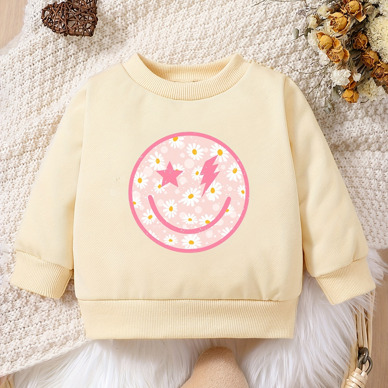 

Cartoon Happy Face Print Sweatshirt For Infant & Toddlers, Casual Long Sleeve Top, Baby Girl's Clothing