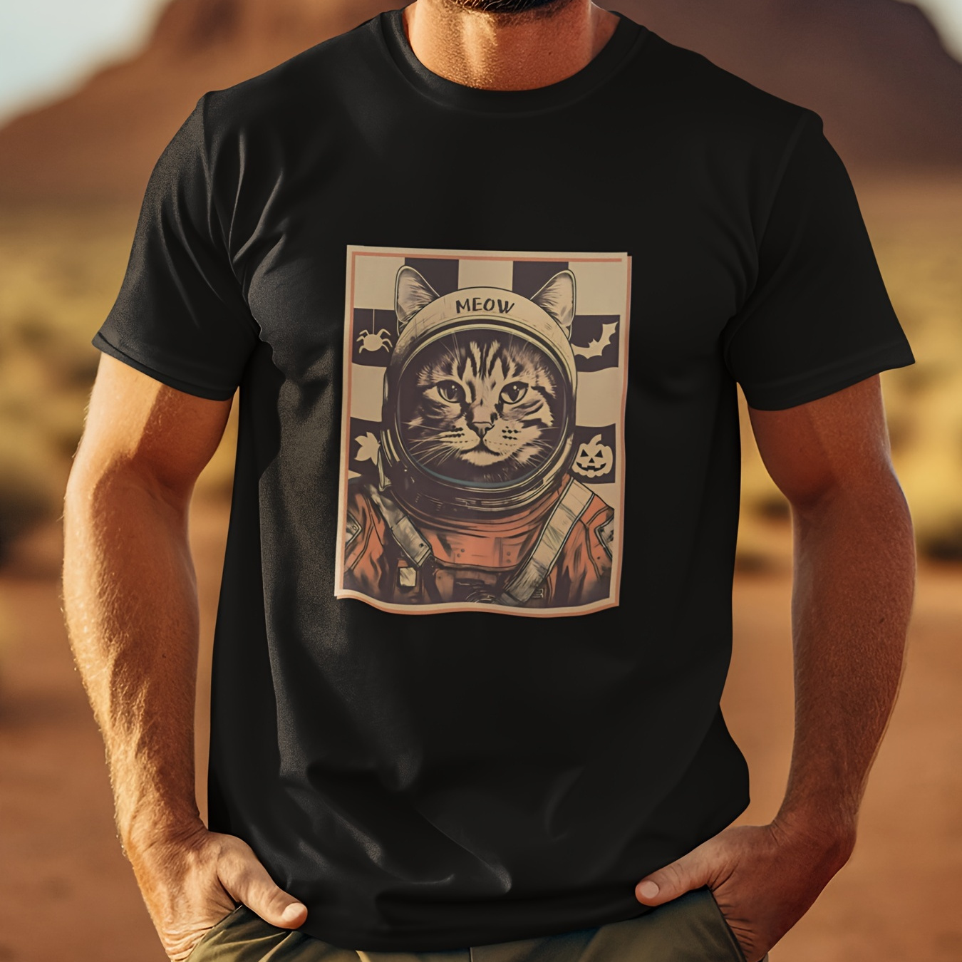 

Astronaut Cat Shirt - Men's Front Directional Printing Short-sleeved T-shirt - Comfortable & Breathable Tees - Casual & Fashionable Tops For Summer