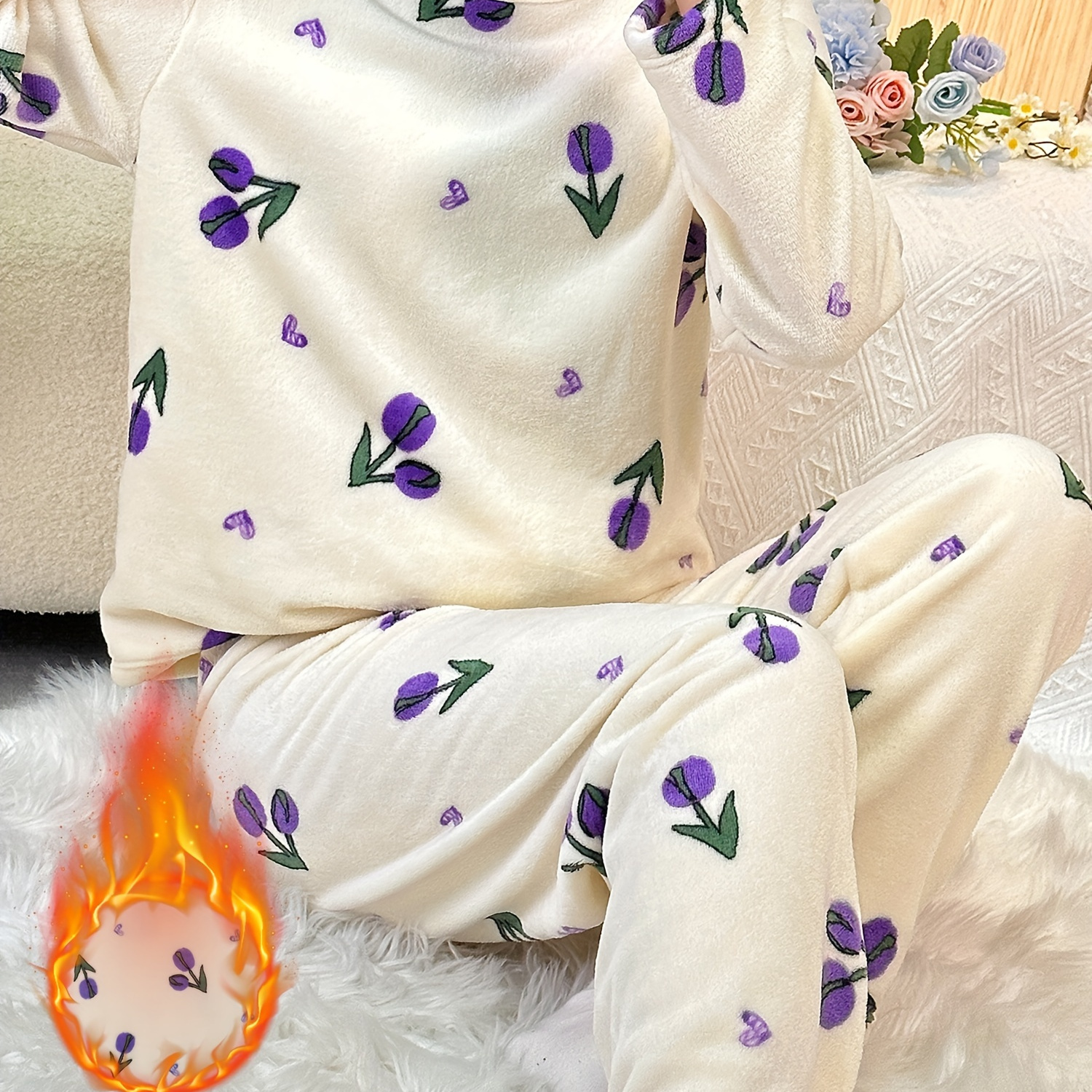 

Women's Cute Floral Print Polyester Pajama Set - Crew Neck, Knit Fabric, Cozy Loungewear For Fall/winter