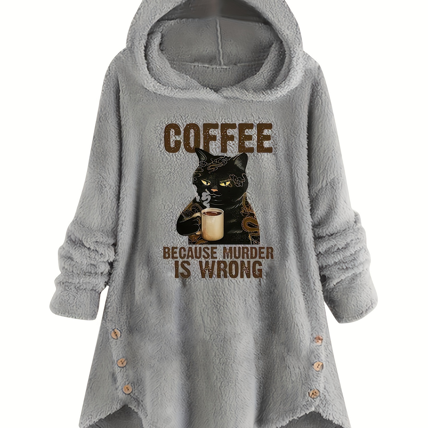 

Cat & Slogan Print Teddy Hoodie, Casual Long Sleeve Button Decor Hoodie Sweatshirt, Women's Clothing