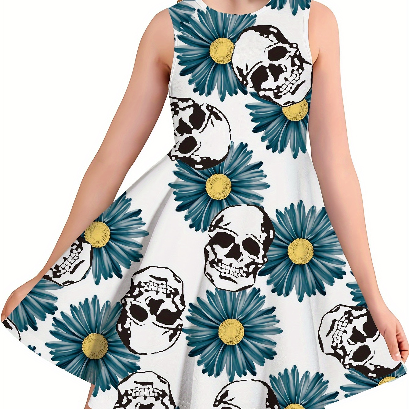 

Allover Cartoon Skulls & Pattern Print, Girls' Stylish & Trendy Crew Neck Sleeveless Dress For Spring & Summer, Girls' Clothing