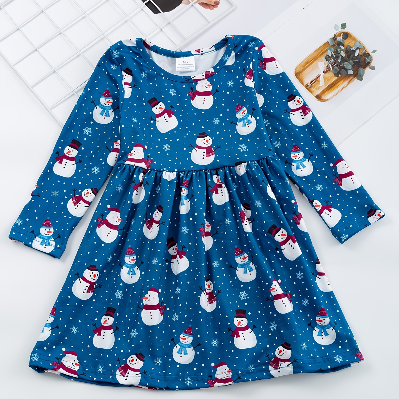 

Christmas Snowman Graphic Dress For Toddler Girls Casual Long Sleeve Cute Dress, Kids Clothes For Autumn/ Spring