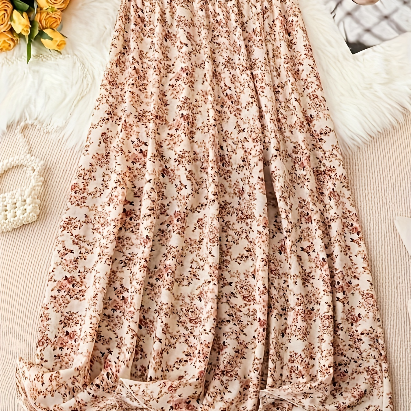 

Floral Print High Waist Skirt, Elegant Split Loose Pleated Skirt For Every Day, Women's Clothing