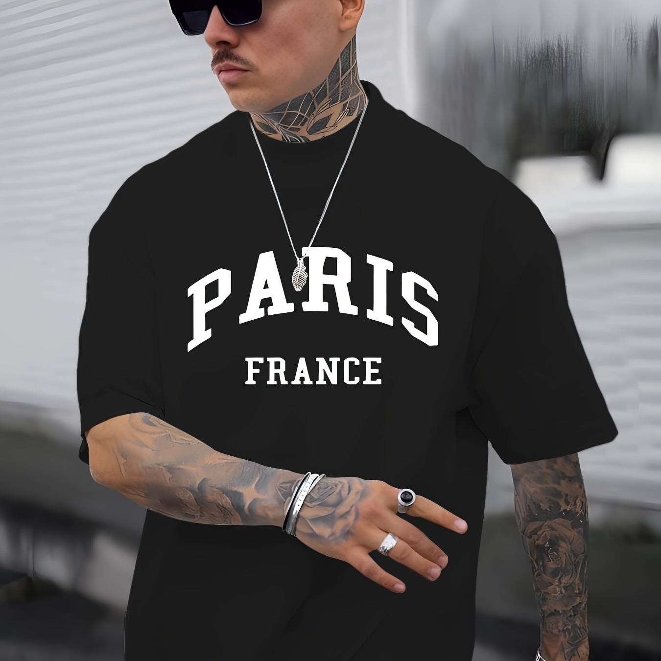 

Paris Print Men's Crew Neck Fashionable Short Sleeve Sports T-shirt, Comfortable And Versatile, For Summer And Spring, Athletic Style, Comfort Fit T-shirt, As Gifts