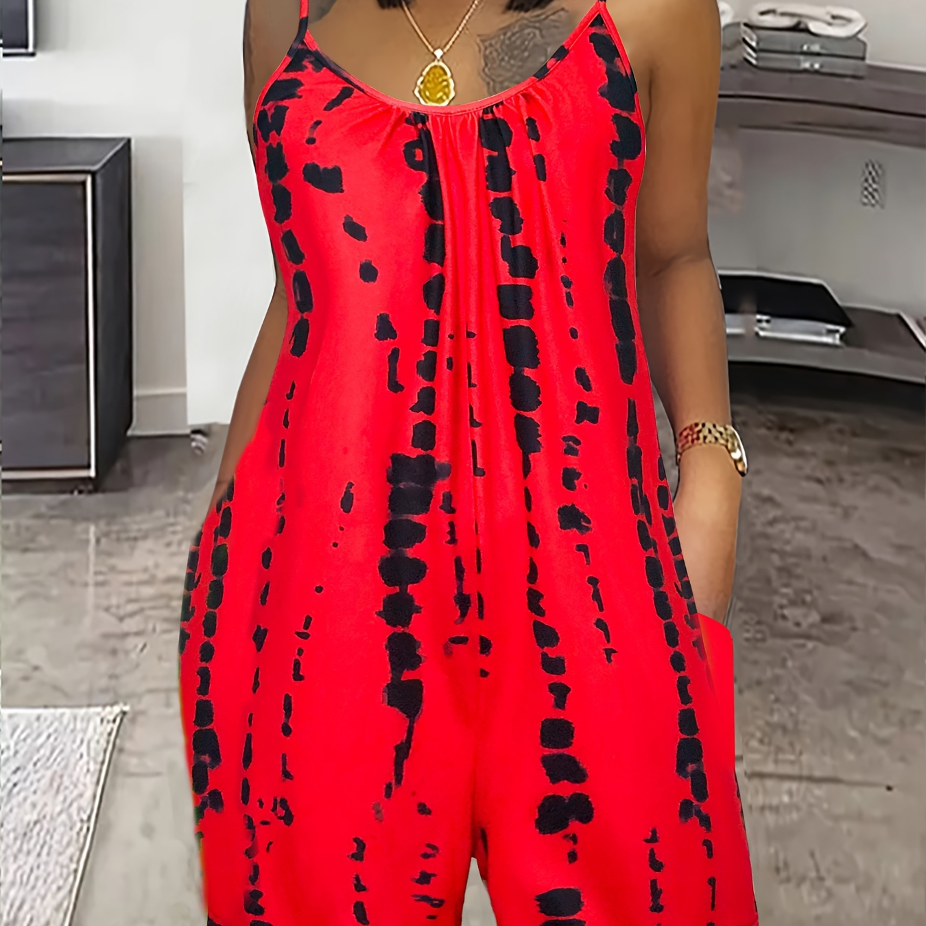 

Allover Print Scoop Neck Romper Jumpsuit, Casual Backless Spaghetti Strap Pocket Design Romper Jumpsuit, Women's Clothing