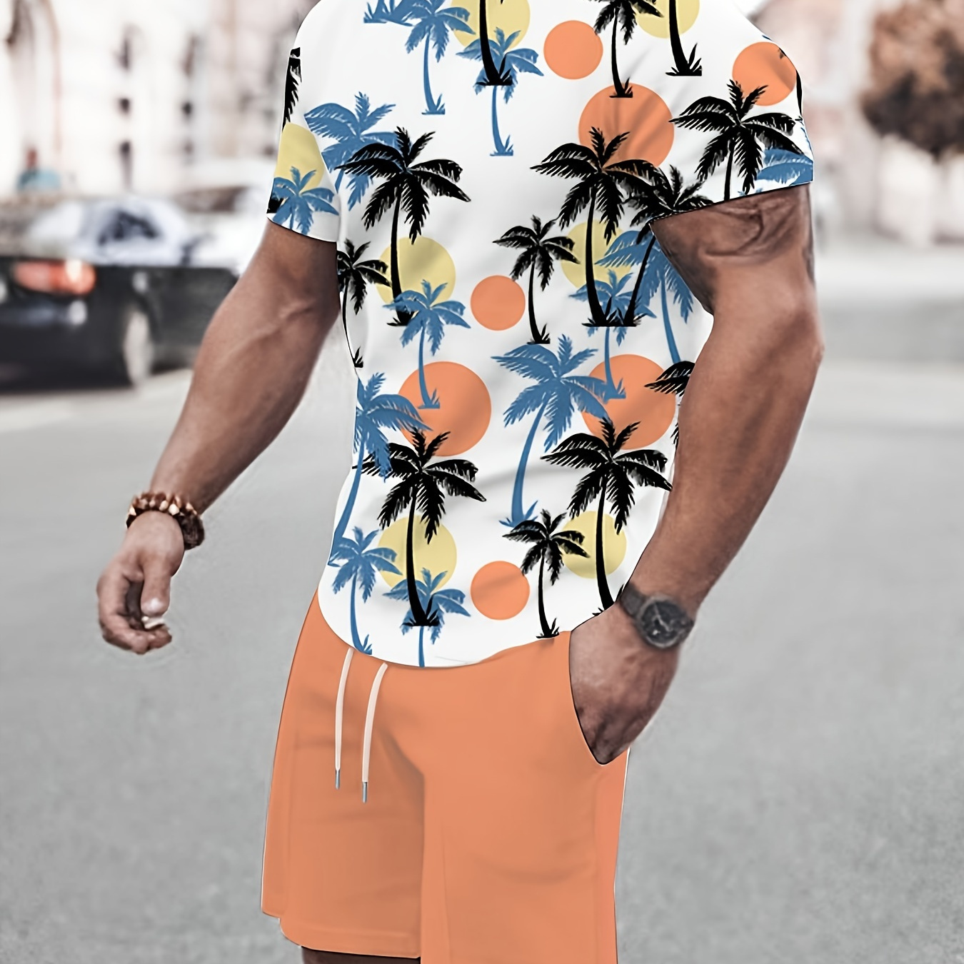 

Men's Summer 2-piece Set, Casual Short Sleeve Shirt & Shorts, Beach Vacation Tropical Coconut Tree 3d Print, Daily Leisure Outfit