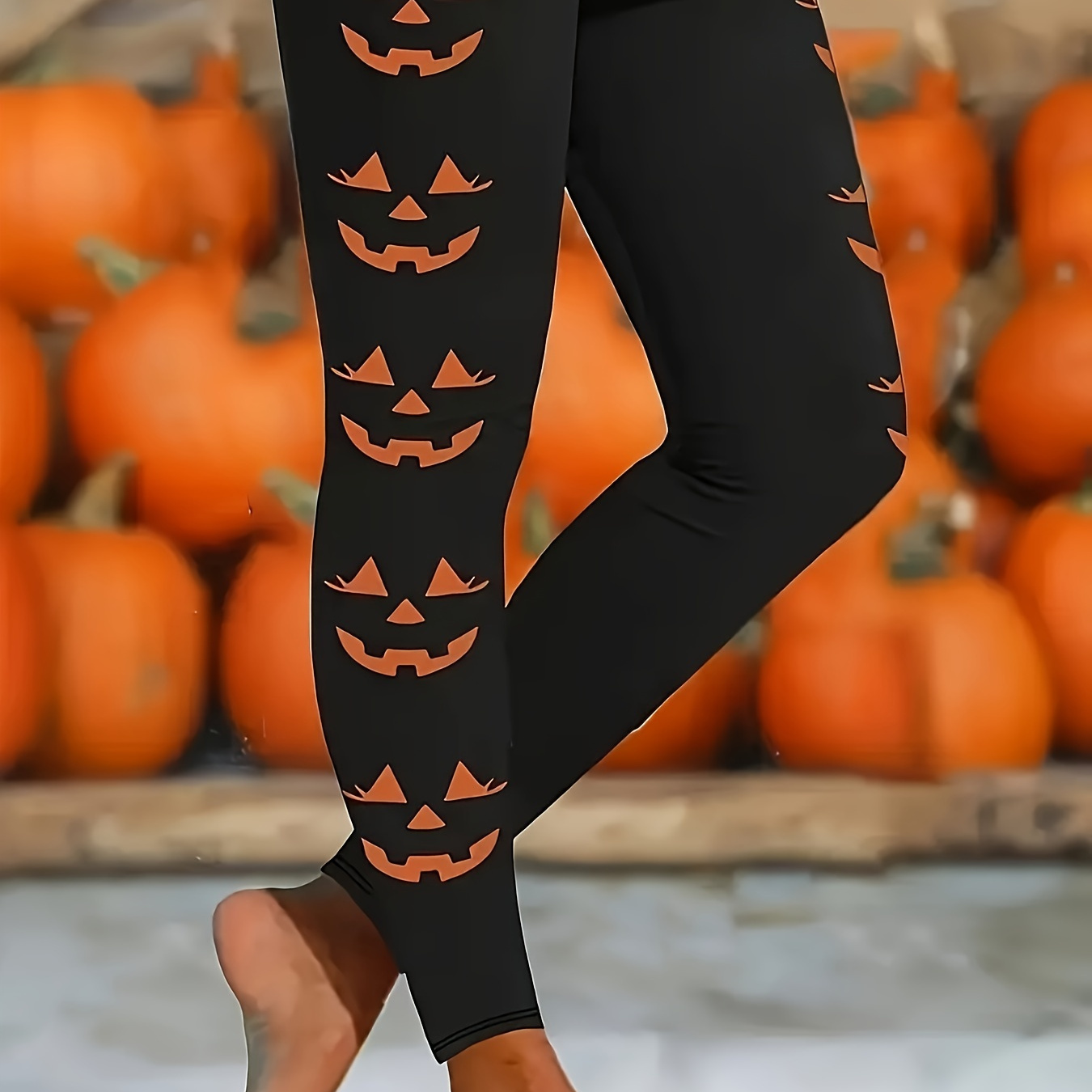 

Women's Plus Size Halloween Print Leggings, Stretchy Tummy Control Tights, Casual Pants, Long Length, No Waistband, All , Black With Orange Jack-o-lanterns, Knit Fabric