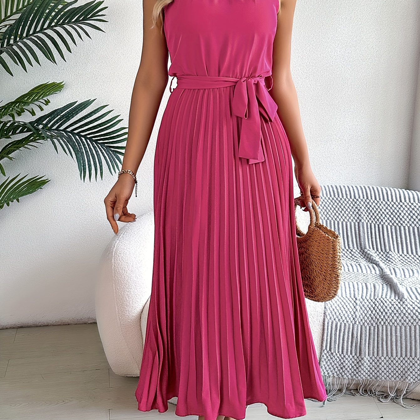 

Swiss Dot Ankle Length Dress, Elegant Sleeveless Dress For Spring & Summer, Women's Clothing