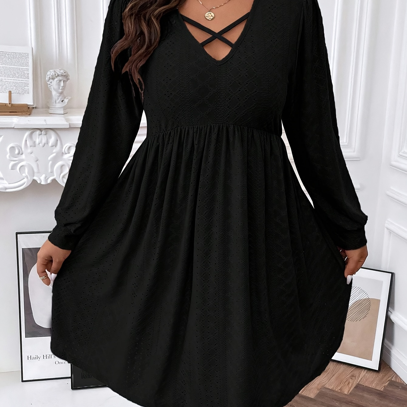 

1pc Size Black A-line Dress With Strap Detail, Casual V-neck Polyester Knit Fabric With 5% Elastane, Textured Solid Color, Fitted Waist, Medium Stretch For All