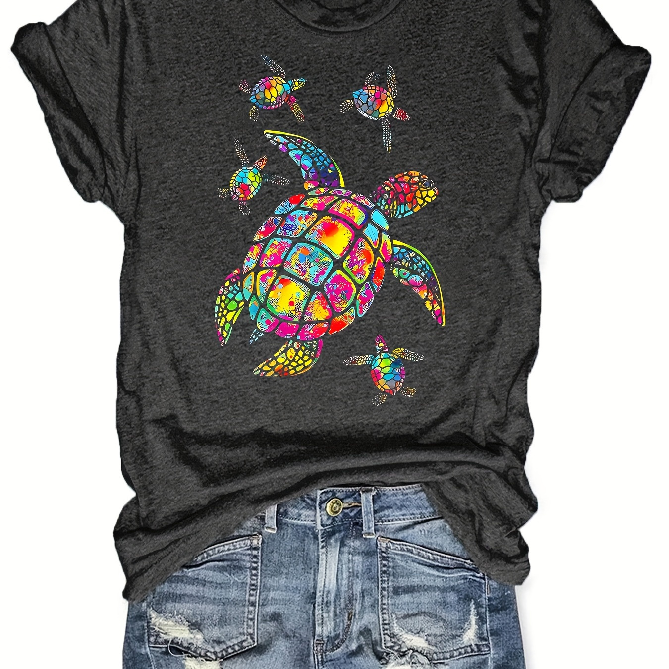 

T-shirt À Col Rond Imprimé Tortue, T-shirt Décontracté À Manches Courtes Pour Le Printemps Et L'été, Vêtements Pour Femmes