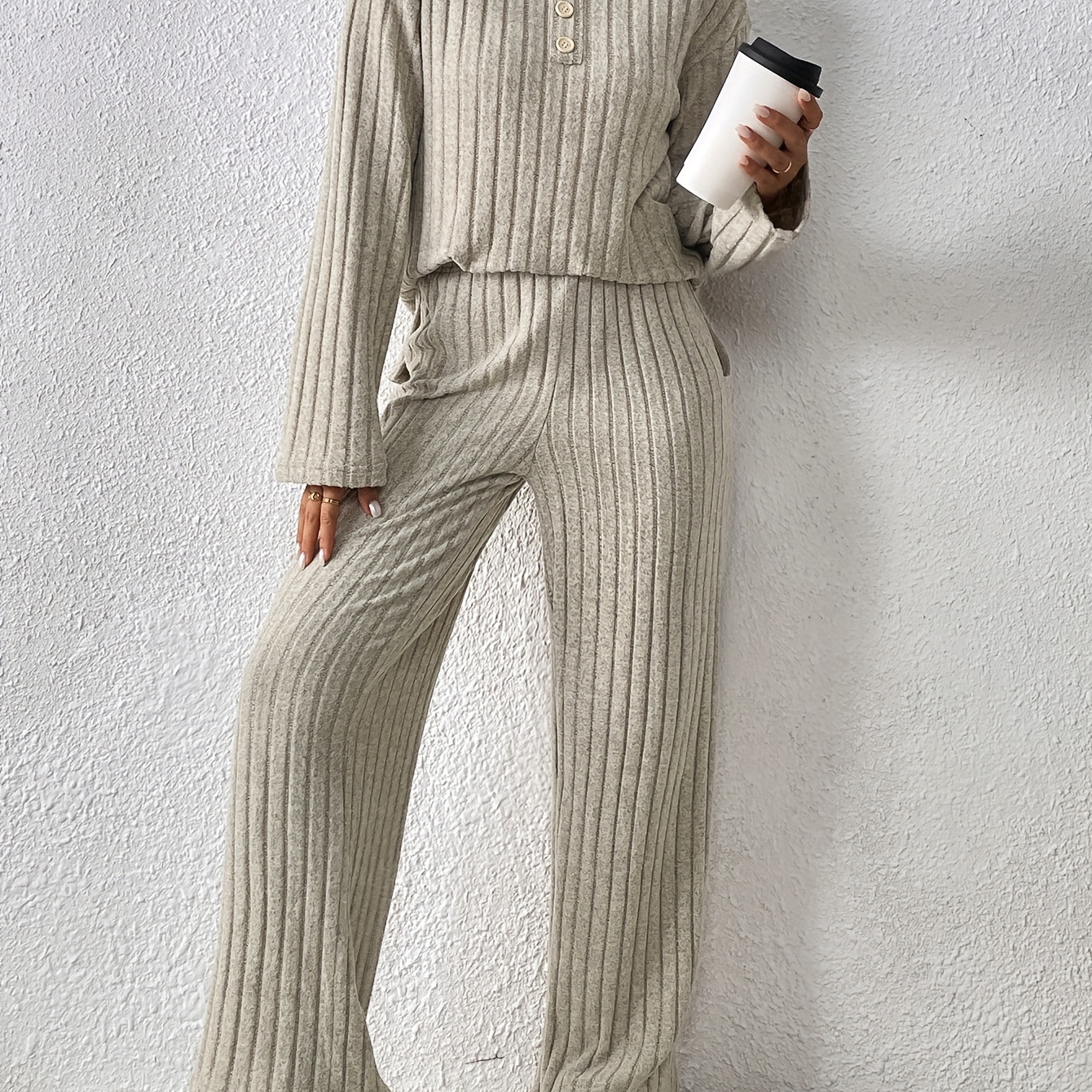 

Women's Ribbed Set, Long Sleeve Half Round Top & Pants, Relaxed Fall