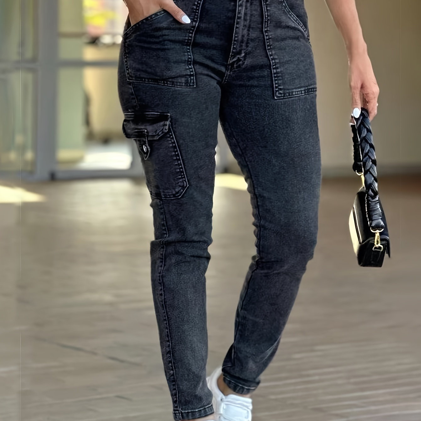 

Belted Side Flap Pocket Plain Black Color Slim Fit Cargo Jeans Denim Pants, Women's Denim Jeans & Clothing For Autumn