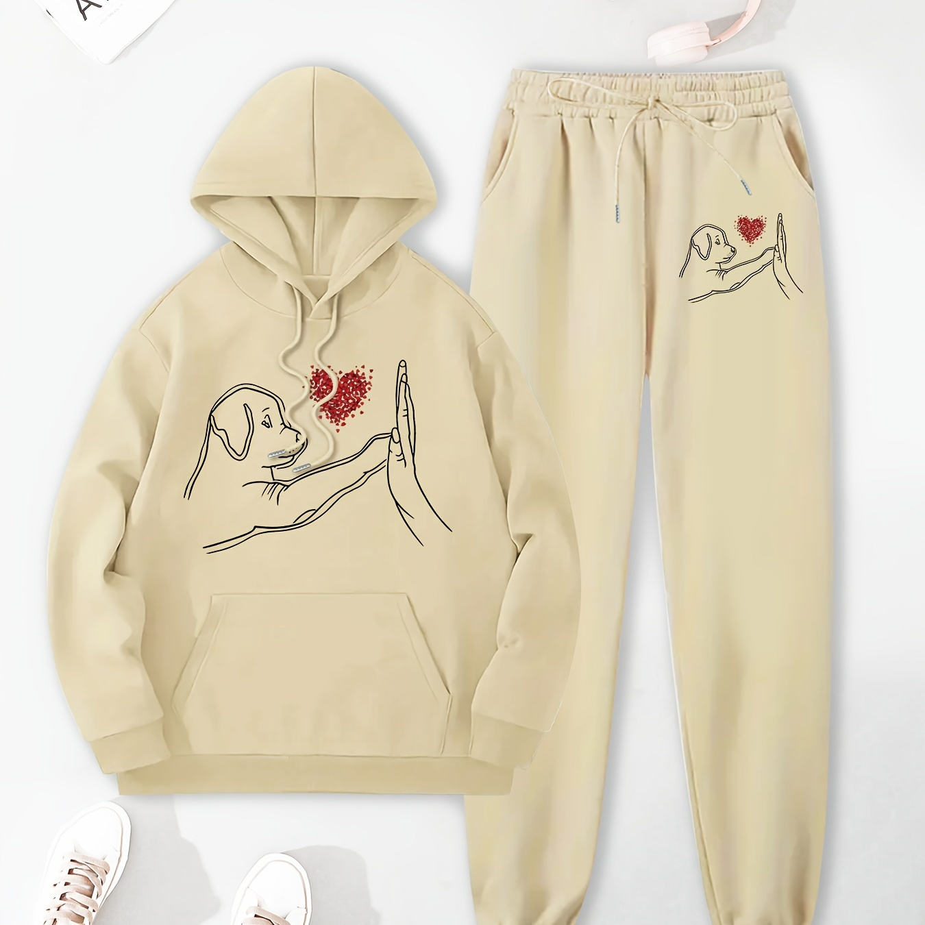 

2024 's Hoodie And Pants Set With Cute Dog Print - Relaxed Style, Polyester Material, Knit Fabric, Pockets, Fall/winter