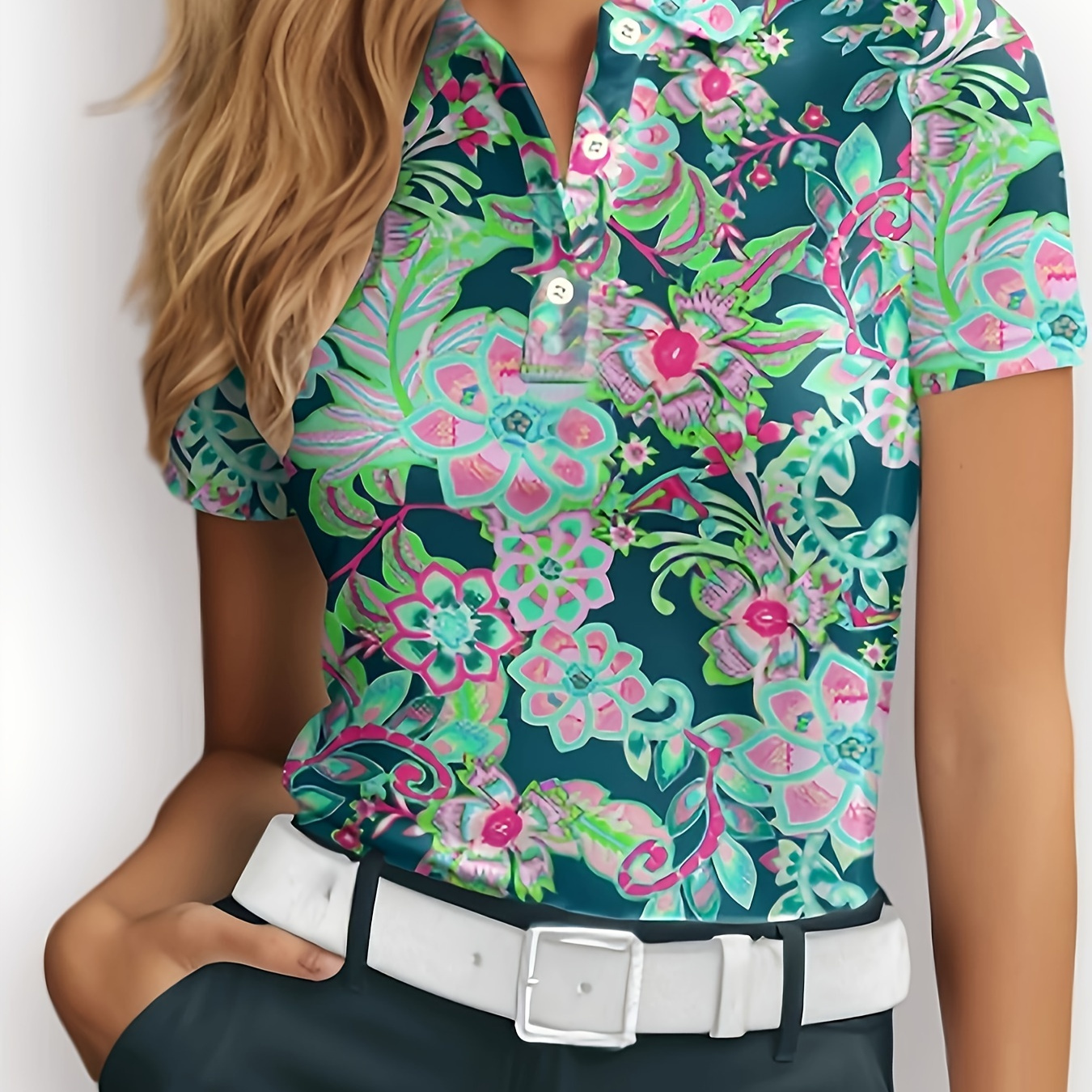 

Flower Print Short Sleeves Shirt, Fashion Botton Sports Lapel Top For Running Tennis Golf, Women's Activewear Golf