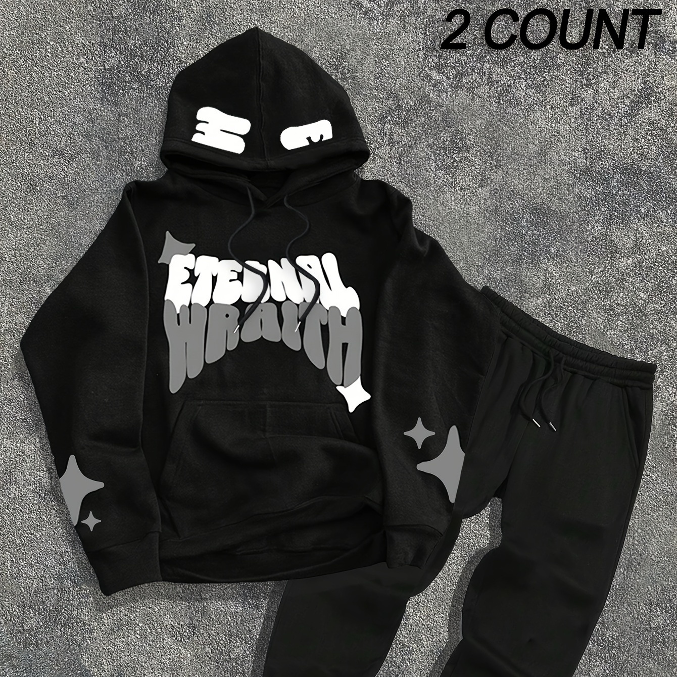 2pcs Sets ETERNAL WRAITH Letter Print Long Sleeves Hoodies & Drawstring Long Pants, Slight Stretch Men's Two-piece Set for Winter and Autumn
