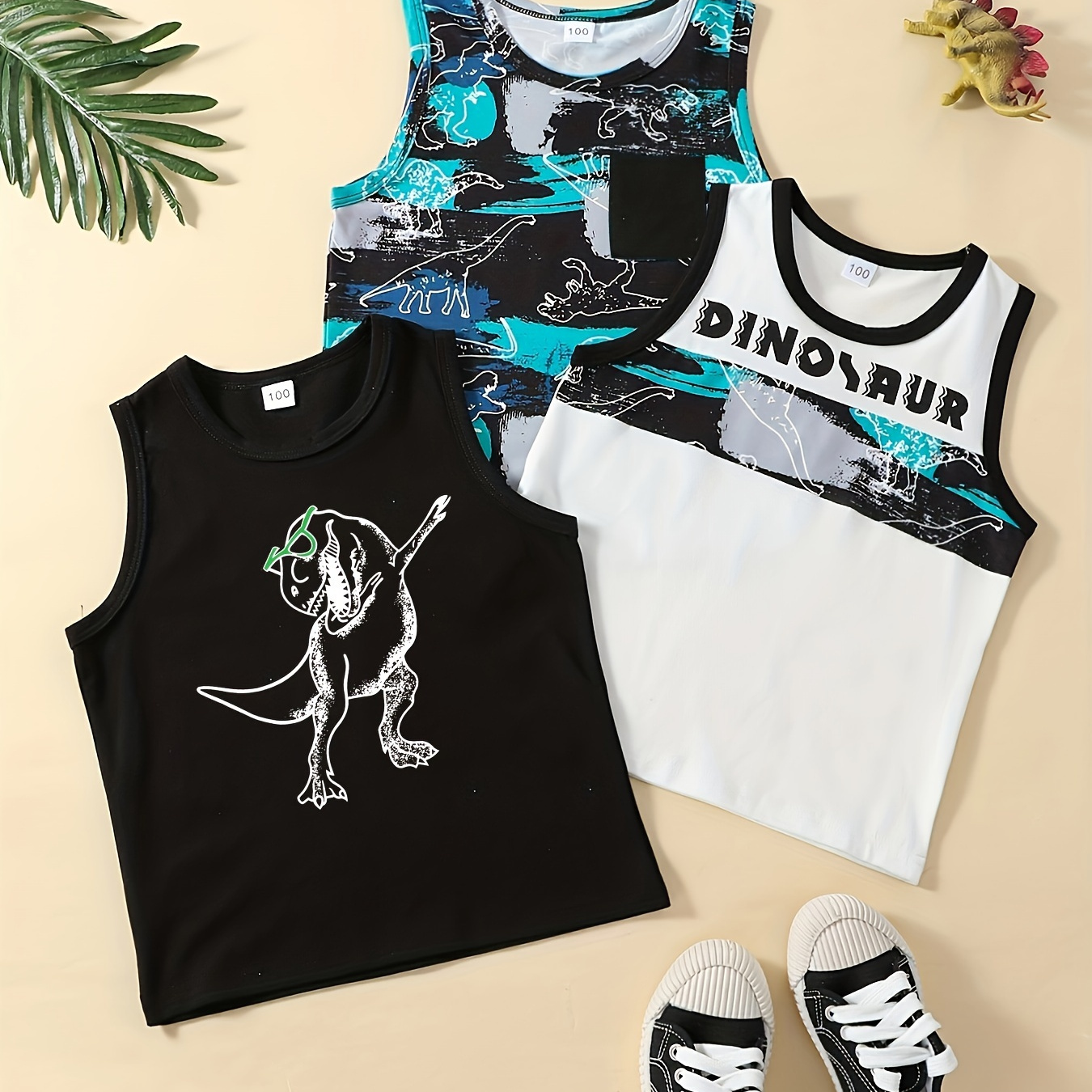 

3pcs Boys Dinosaur Graphic Sleeveless Round Neck Vest Tank Tops Casual For Summer Kids Clothes