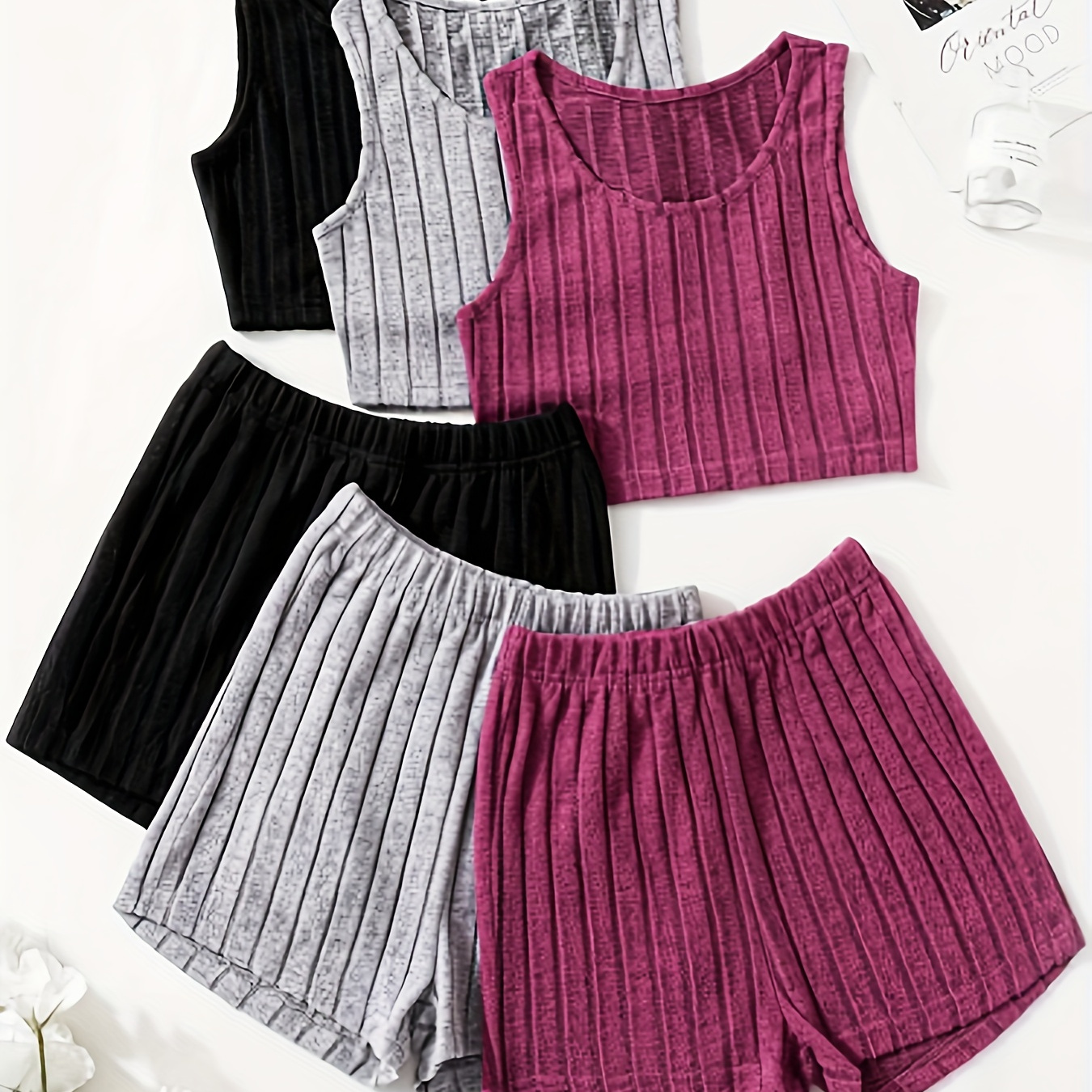 TEMU 7-14y Girls Casual 3 Sets, Comfy Ribbed Tank Tops And Shorts Set Summer Clothes For Girls Everyday