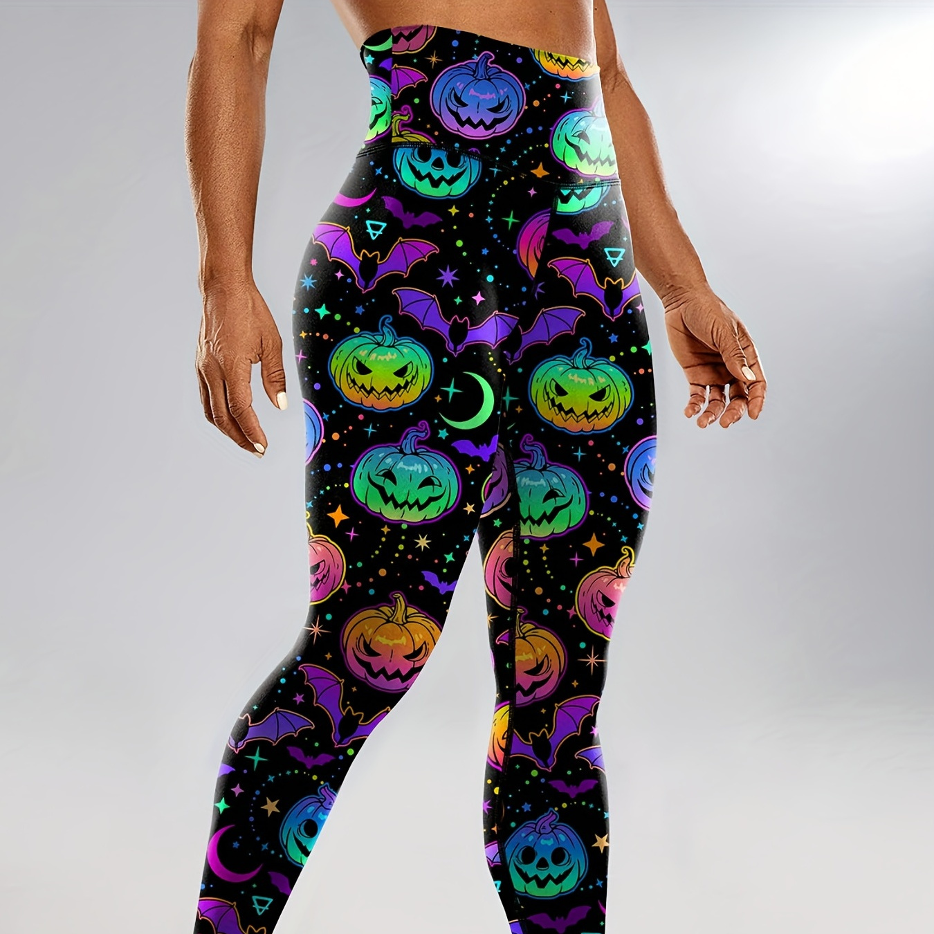 

Halloween Color Block Bat & Pumpkin & Ghost Print Casual Yoga Leggings, Tummy Control Slimming Sporty Fitness Workout Gym Pants, Women's Activewear