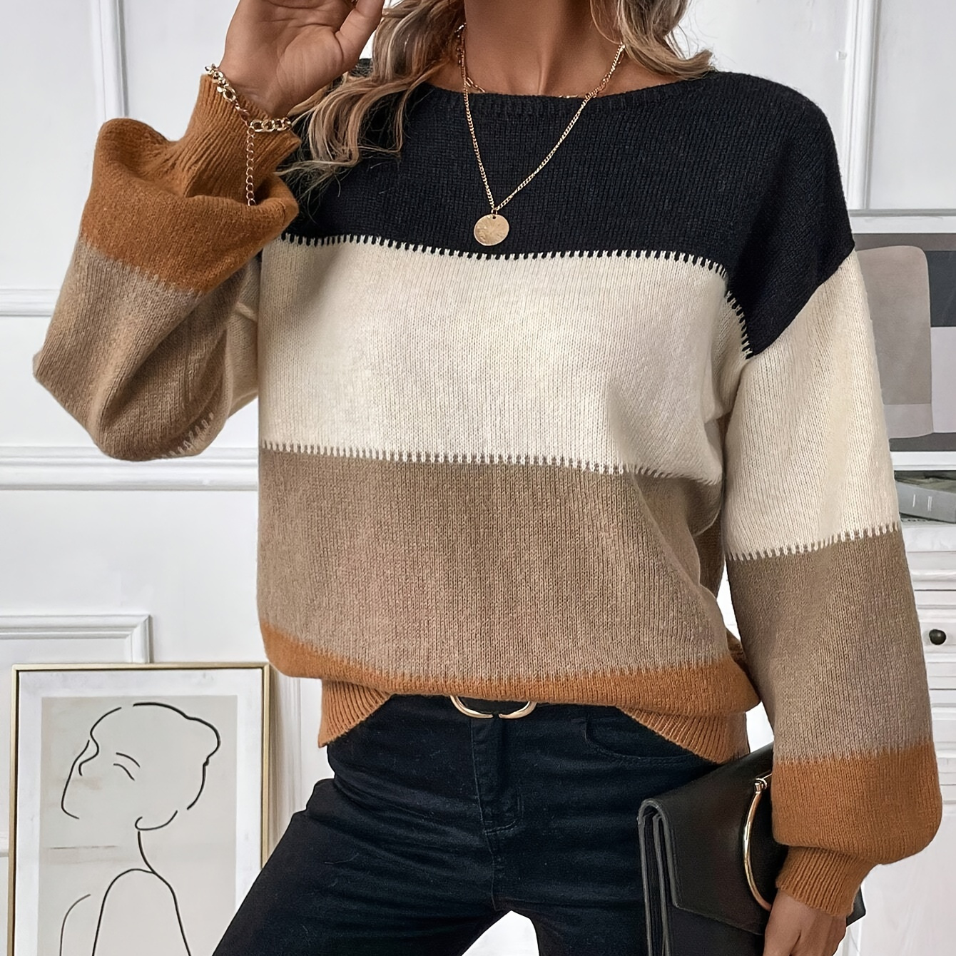 

Pullover en tricot à col rond Color Block, élégant pull à manches longues pour le printemps et l'automne, vêtements pour femmes