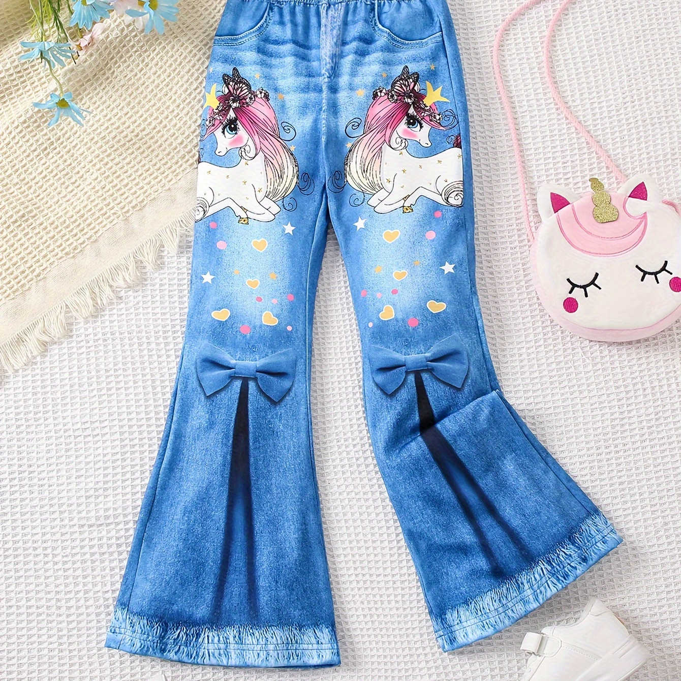 

Kid/ Teen Girls Casual Cute Bows & Unicorn Pattern Imitation Denim Allover Print Flared Pants For Party Daily Outwear, Gift