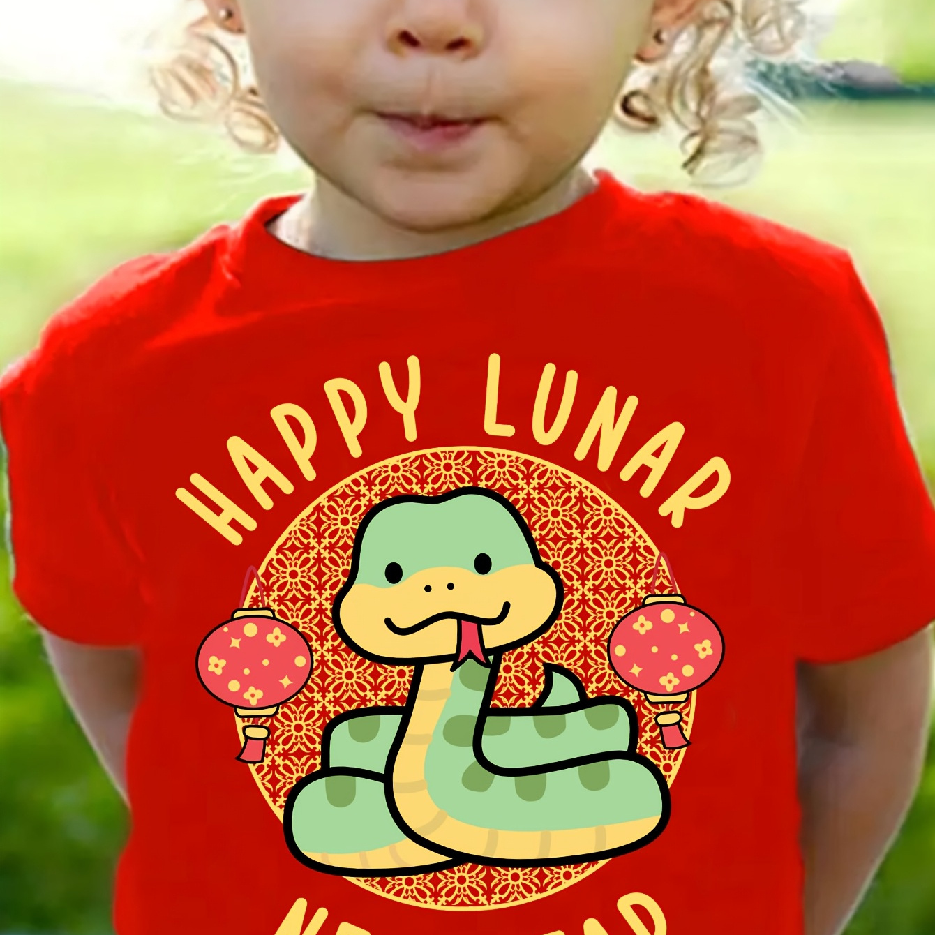 

Girls' Happy Lunar New Year Cartoon Snake Print T-shirt, Casual Crew Neck Knit Top, Polyester 100%, Slight Stretch, Regular Fit For Spring/summer