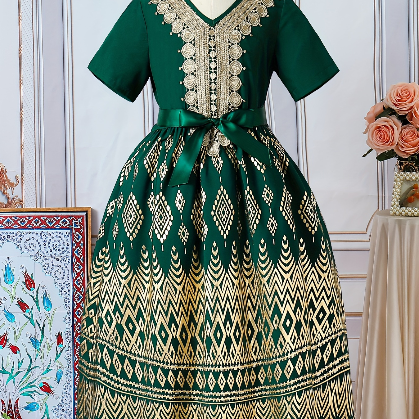 

Vintage Style Ethnic Flower Print Short Sleeve V Neck Strapped Dress For Summer Party Gift
