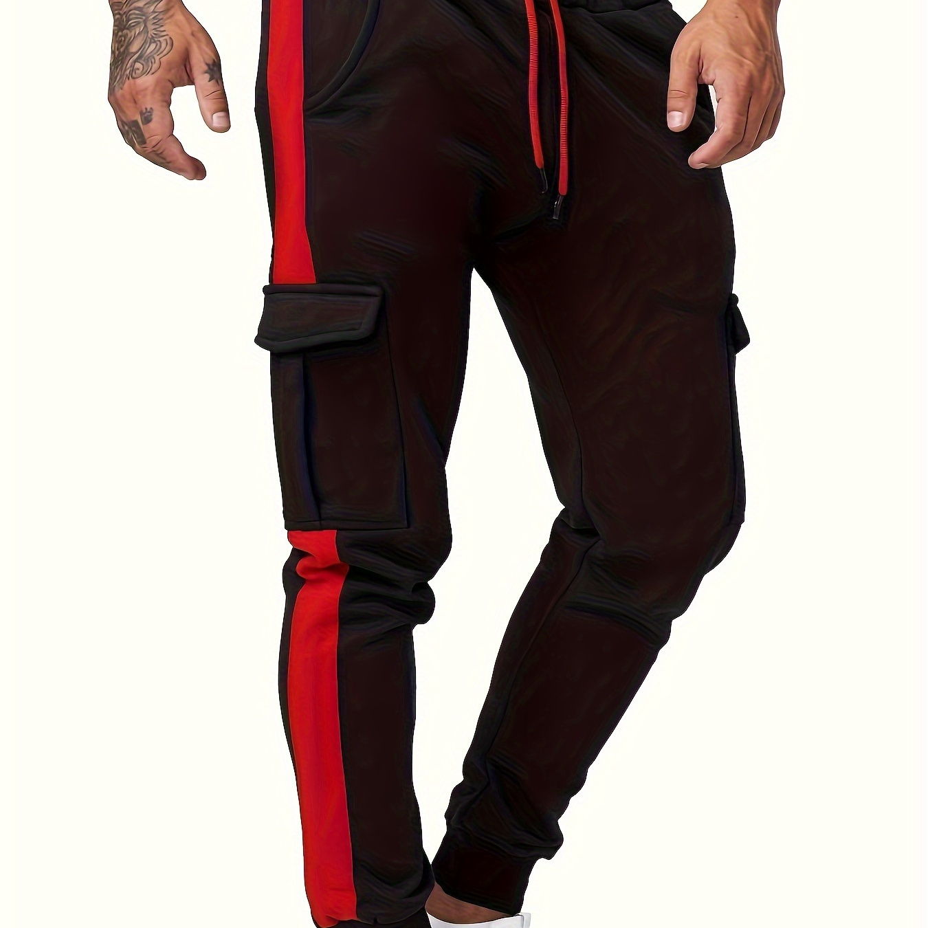

Men's Drawstring Color Matching Overalls With Flip Pockets, Comfortable And Casual Jogging Pants