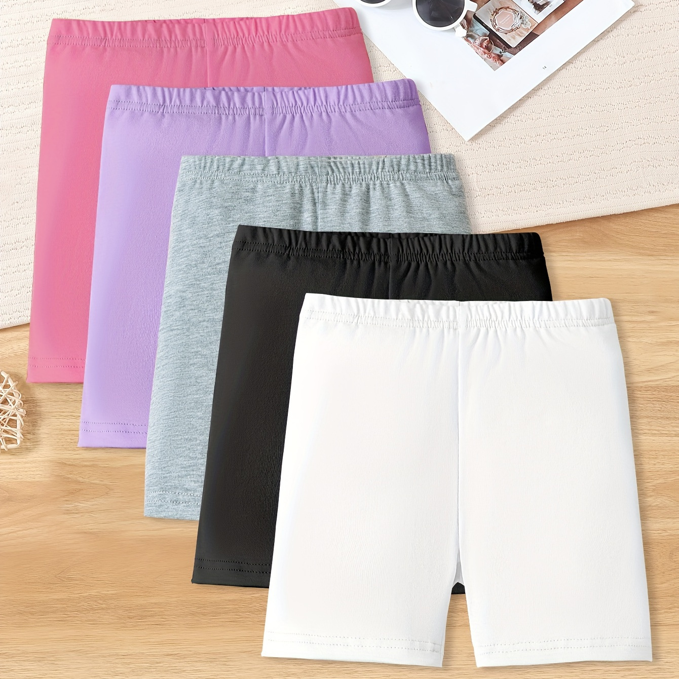 

5pcs, Solid Color Knit Shorts For Girls, Cool And Comfy Holiday Slim Short Pants Summer Gift, Kids' Clothing