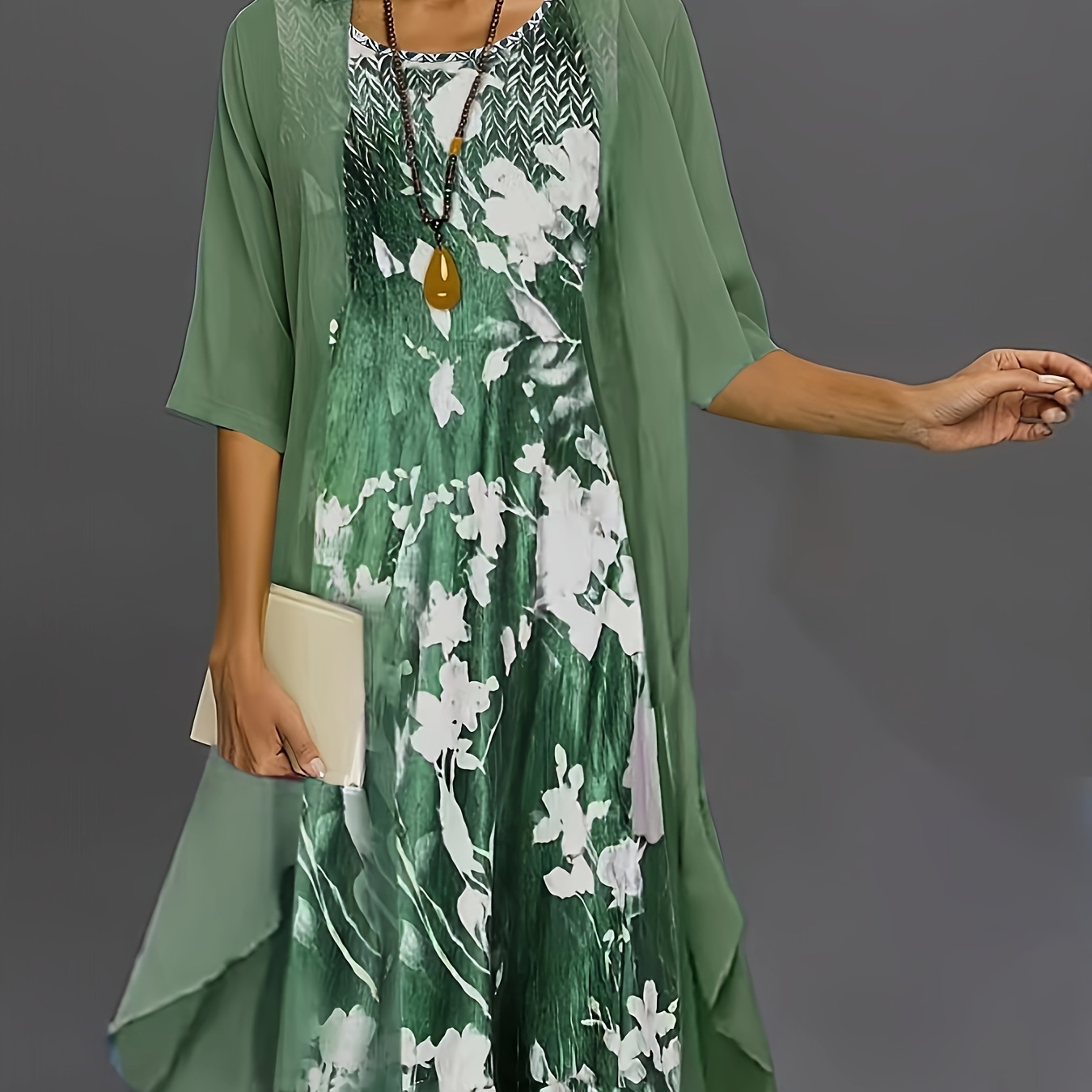 

Elegant Two-piece Set, Solid Open Front Outerwear & Floral Print Dress Outfits, Women's Clothing
