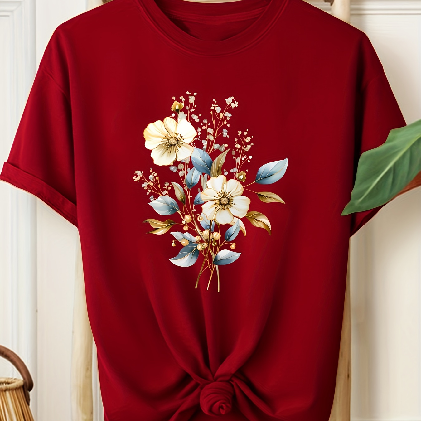 

Women' Floral Tee - Comfy Polyester, Round Neck Short Sleeve Top, Machine Washable, Style, All//all