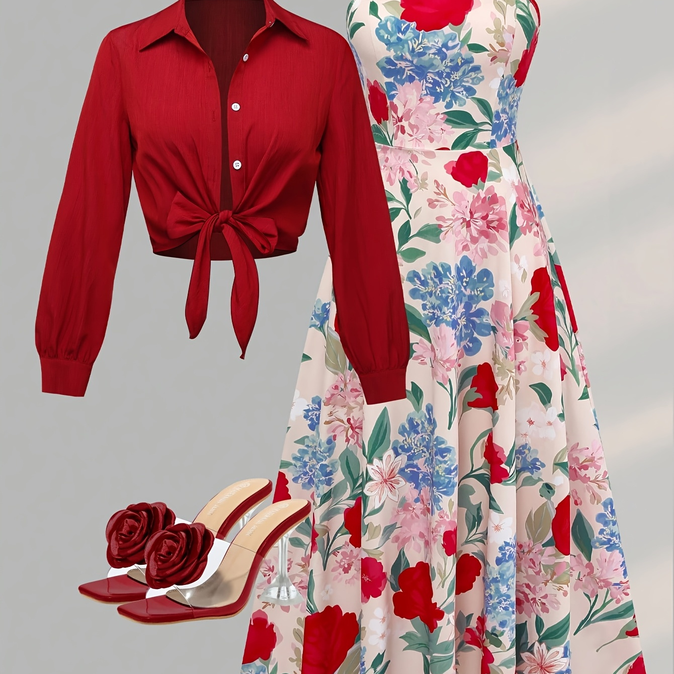 Red Tie-Front Shirt + Floral Skirt 2pcs Set